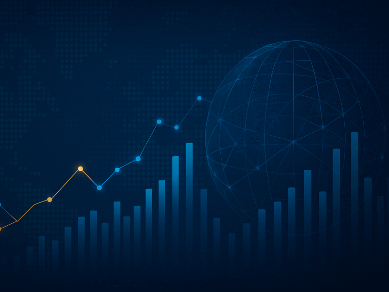 Wide banner showing a glowing world map with abstract bar charts, line graphs, and network nodes in blue tones, symbolizing global data, technology, and connectivity.