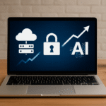 Laptop on a desk showing cloud, security, and AI icons with an upward arrow graph, symbolizing IT certifications boosting salaries