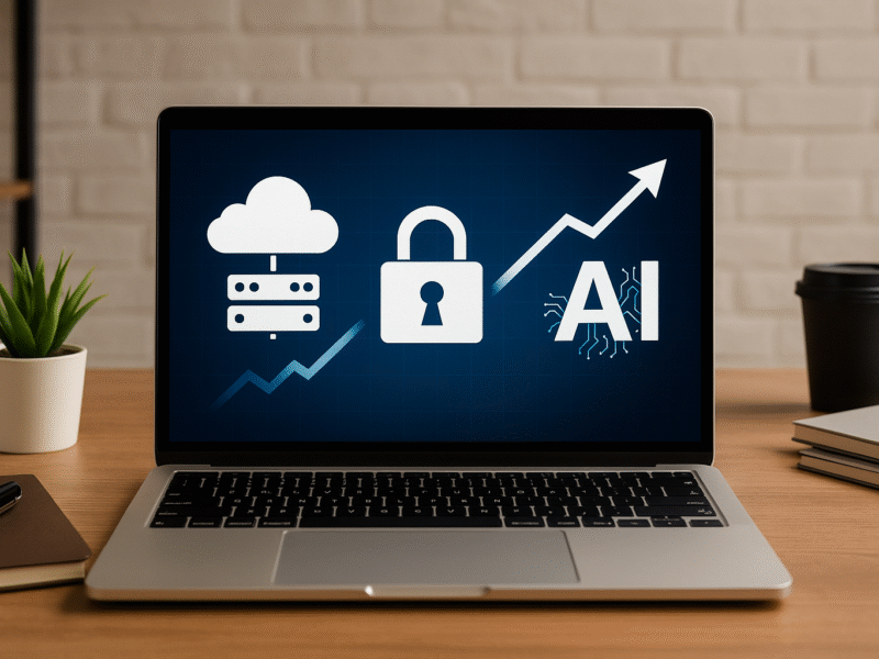 Laptop on a desk showing cloud, security, and AI icons with an upward arrow graph, symbolizing IT certifications boosting salaries