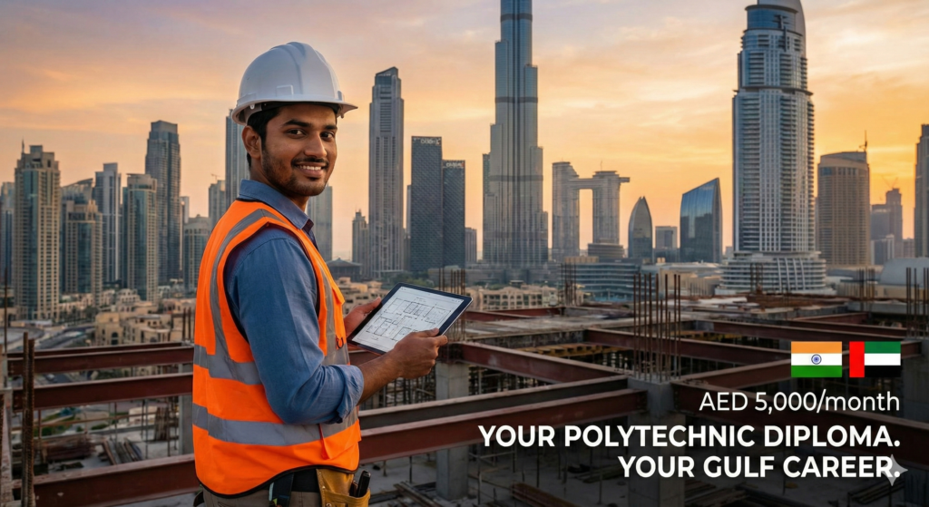Indian diploma engineer working at a construction site in Dubai, UAE, 2026
